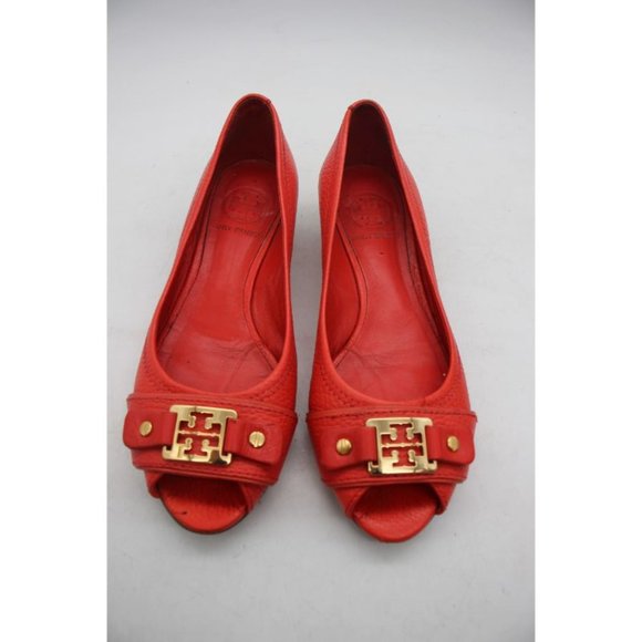 Tory Burch Emma Wedge Women's Size 6.5 Red Leather Peep Toe Shoes - Picture 2 of 11